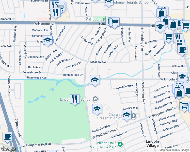 map of restaurants, bars, coffee shops, grocery stores, and more near 1987 West Lincoln Road in Stockton