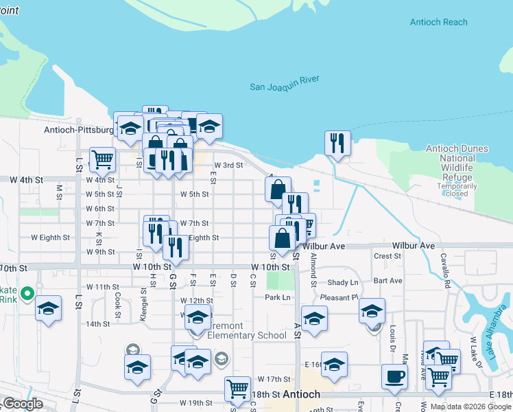 map of restaurants, bars, coffee shops, grocery stores, and more near 506 C Street in Antioch