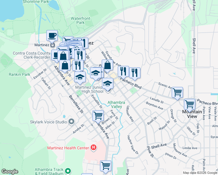 map of restaurants, bars, coffee shops, grocery stores, and more near 1025 Haven Street in Martinez