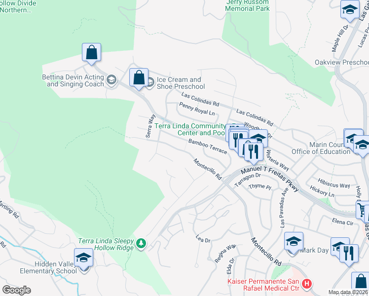 map of restaurants, bars, coffee shops, grocery stores, and more near 729 Bamboo Terrace in San Rafael