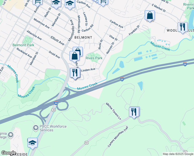 map of restaurants, bars, coffee shops, grocery stores, and more near 1013 Linden Avenue in Charlottesville