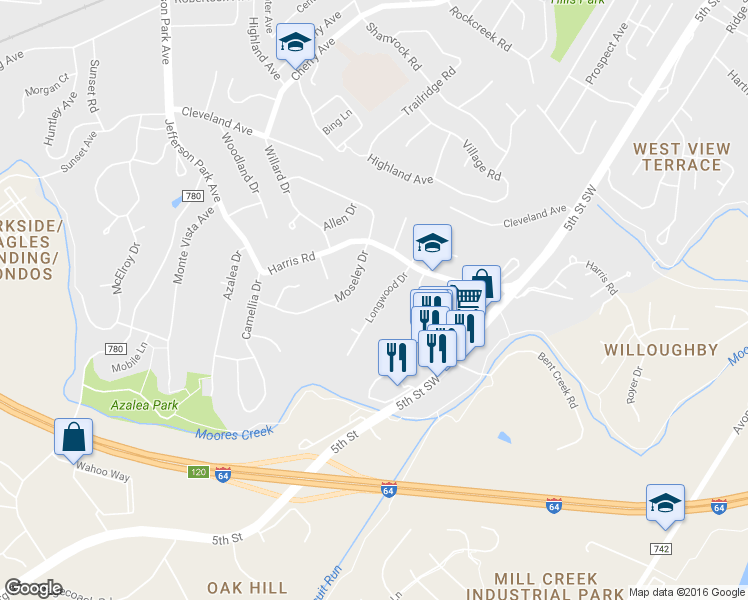 map of restaurants, bars, coffee shops, grocery stores, and more near 105 Longwood Drive in Charlottesville