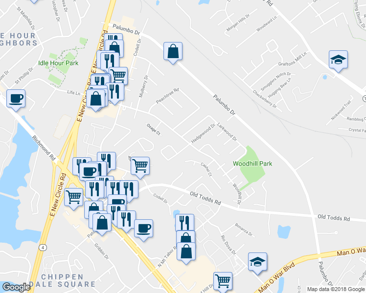 map of restaurants, bars, coffee shops, grocery stores, and more near 2490 Woodhill Drive in Lexington