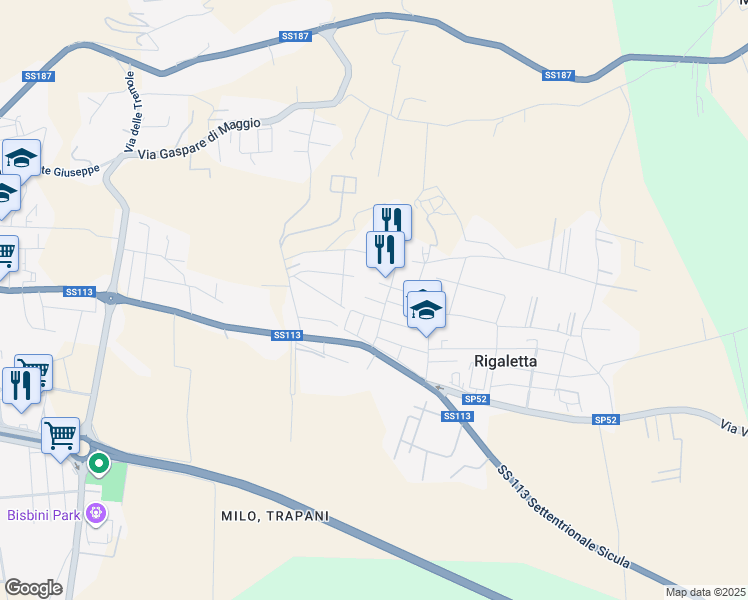 map of restaurants, bars, coffee shops, grocery stores, and more near 14 Via dei Lillà in Rigaletta