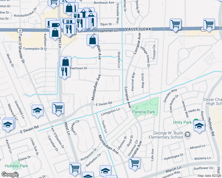 map of restaurants, bars, coffee shops, grocery stores, and more near 6602 Table Top Court in Stockton