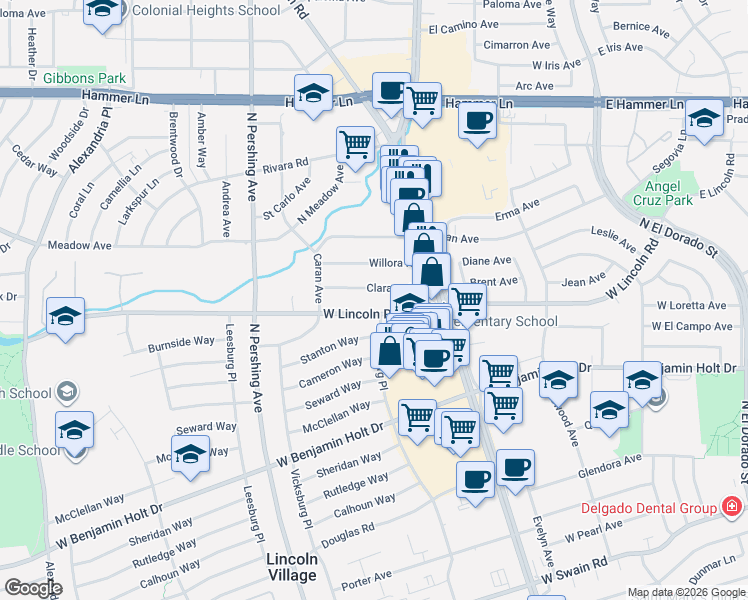 map of restaurants, bars, coffee shops, grocery stores, and more near 1001 West Lincoln Road in Stockton
