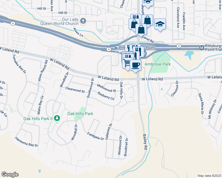 map of restaurants, bars, coffee shops, grocery stores, and more near 1618 Mellowood Street in Pittsburg