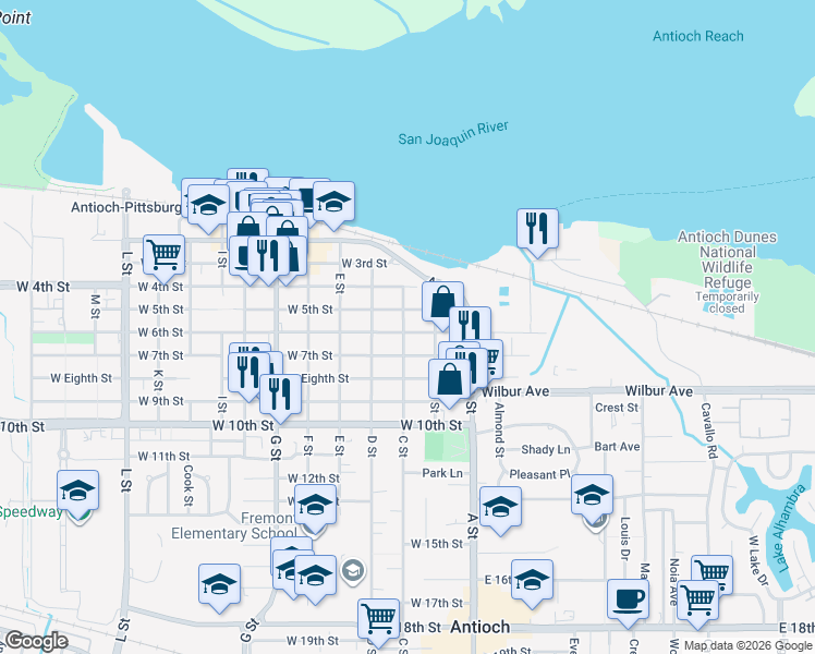 map of restaurants, bars, coffee shops, grocery stores, and more near 506 C Street in Antioch