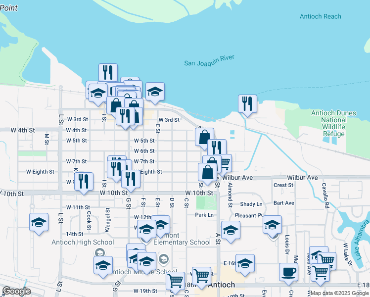 map of restaurants, bars, coffee shops, grocery stores, and more near 202 West 6th Street in Antioch