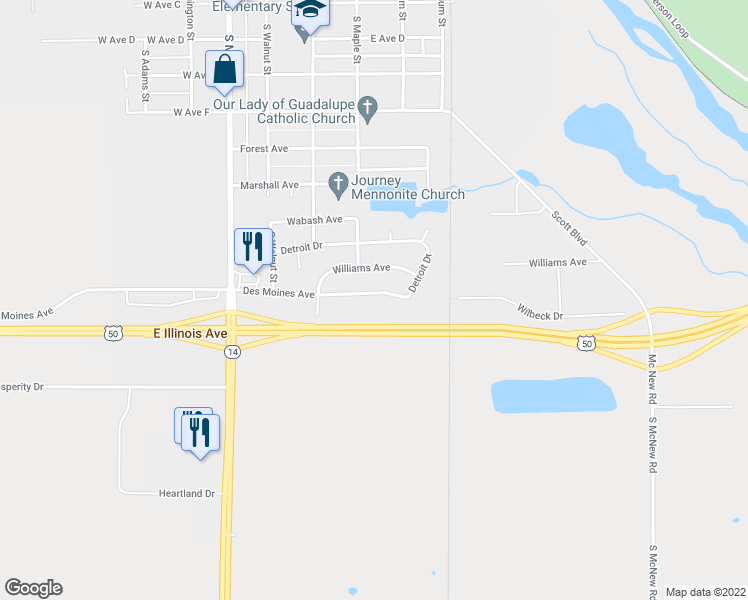 map of restaurants, bars, coffee shops, grocery stores, and more near 55 Des Moines Avenue in South Hutchinson