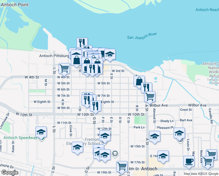 map of restaurants, bars, coffee shops, grocery stores, and more near 512 E Street in Antioch