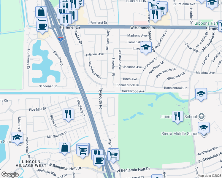 map of restaurants, bars, coffee shops, grocery stores, and more near 7011 Shoreham Place in Stockton
