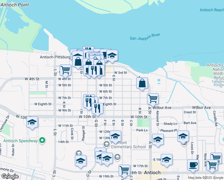 map of restaurants, bars, coffee shops, grocery stores, and more near 512 E Street in Antioch
