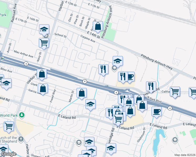 map of restaurants, bars, coffee shops, grocery stores, and more near 250 Patricia Avenue in Pittsburg