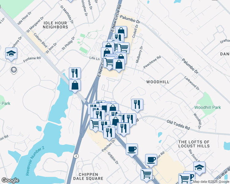 map of restaurants, bars, coffee shops, grocery stores, and more near 2476 Butternut Hill Court in Lexington