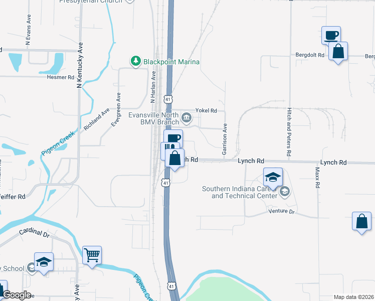 map of restaurants, bars, coffee shops, grocery stores, and more near 4101 U.S. 41 in Evansville