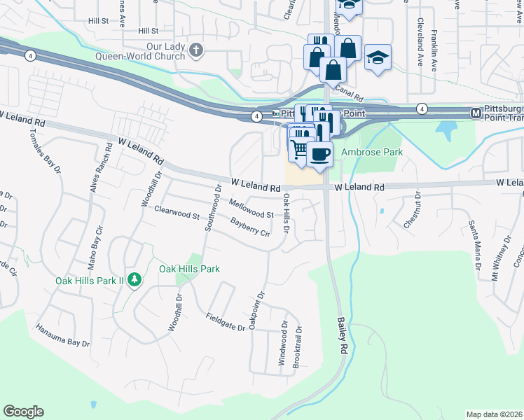 map of restaurants, bars, coffee shops, grocery stores, and more near 1618 Mellowood Street in Pittsburg