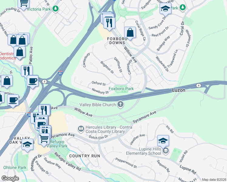 map of restaurants, bars, coffee shops, grocery stores, and more near 115 Newbury Street in Hercules