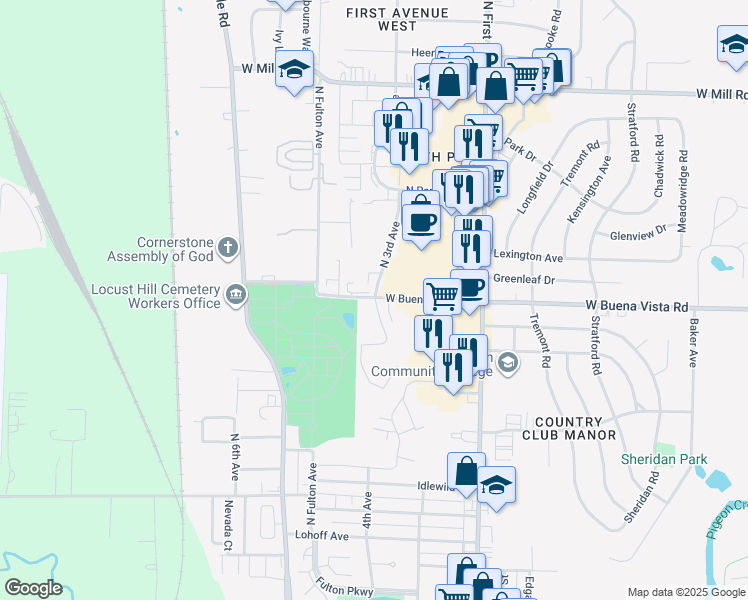 map of restaurants, bars, coffee shops, grocery stores, and more near 1200 West Buena Vista Road in Evansville