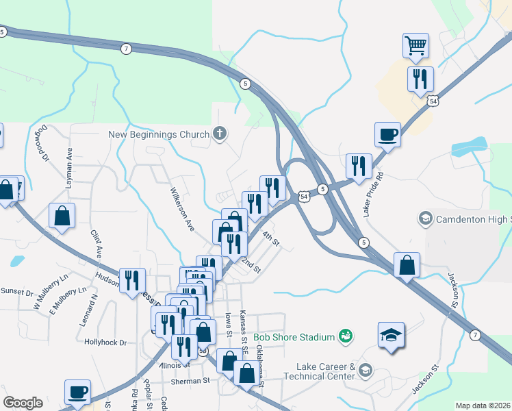 map of restaurants, bars, coffee shops, grocery stores, and more near 107-183 5th Street in Camdenton