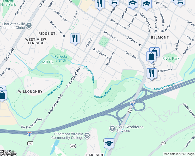 map of restaurants, bars, coffee shops, grocery stores, and more near 1613 Meridian Street in Charlottesville
