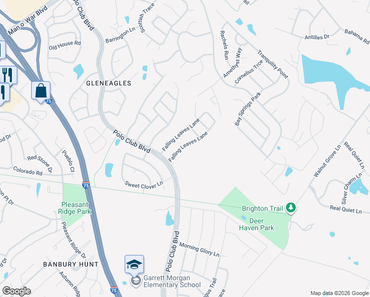 map of restaurants, bars, coffee shops, grocery stores, and more near 2077 Falling Leaves Lane in Lexington