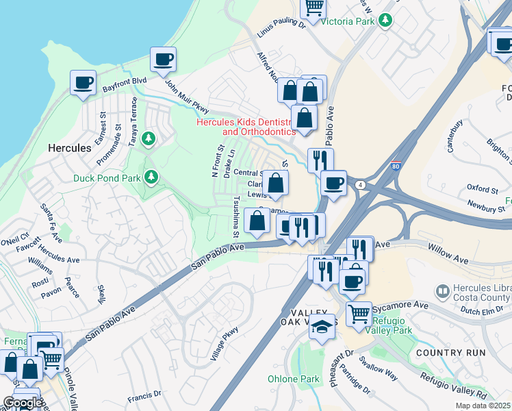 map of restaurants, bars, coffee shops, grocery stores, and more near 1375 Sycamore Avenue in Hercules