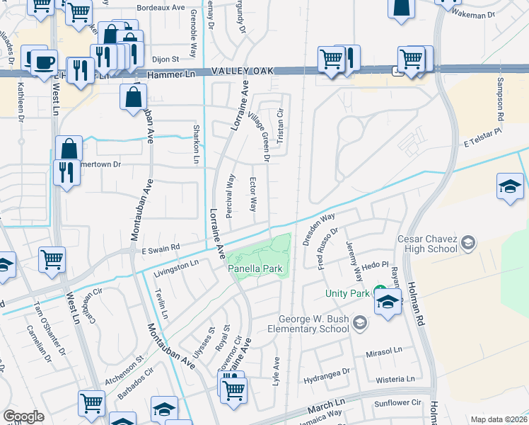map of restaurants, bars, coffee shops, grocery stores, and more near 6226 Ector Way in Stockton