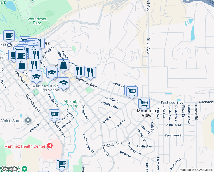 map of restaurants, bars, coffee shops, grocery stores, and more near 1453 Ash Street in Martinez