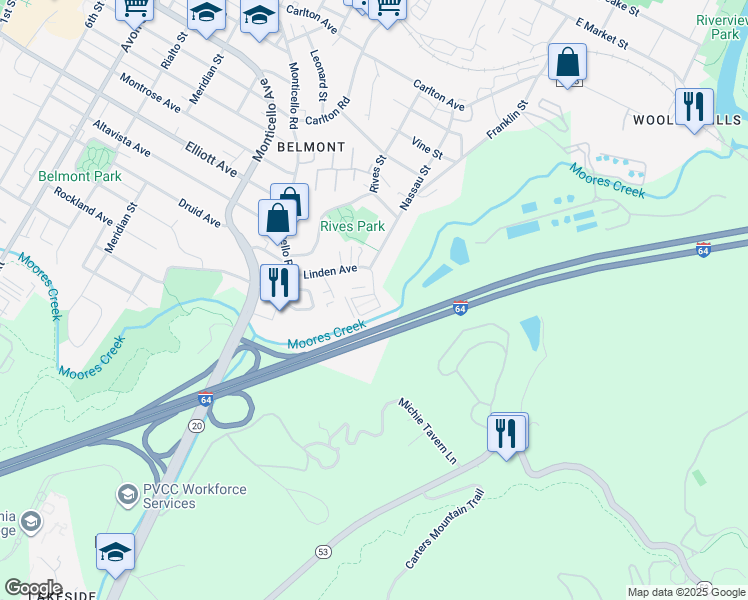 map of restaurants, bars, coffee shops, grocery stores, and more near 1013 Linden Avenue in Charlottesville