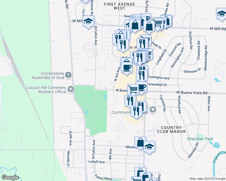 map of restaurants, bars, coffee shops, grocery stores, and more near 1201 West Buena Vista Road in Evansville