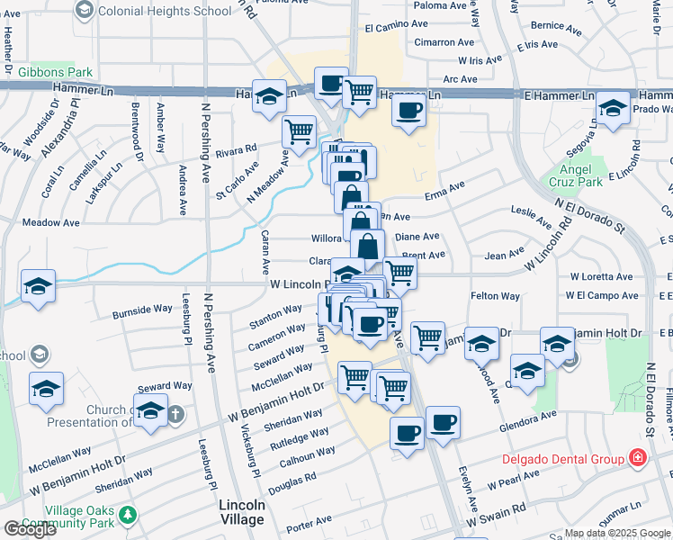 map of restaurants, bars, coffee shops, grocery stores, and more near 1001 West Lincoln Road in Stockton