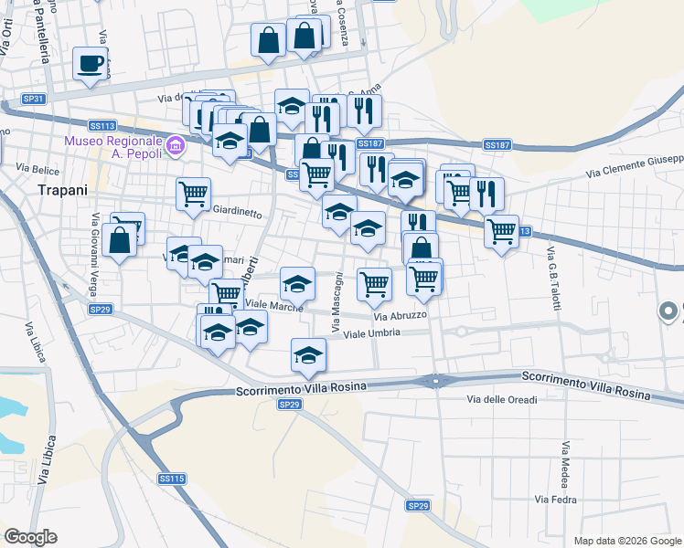 map of restaurants, bars, coffee shops, grocery stores, and more near 19 Via Emilia Romagna in Trapani