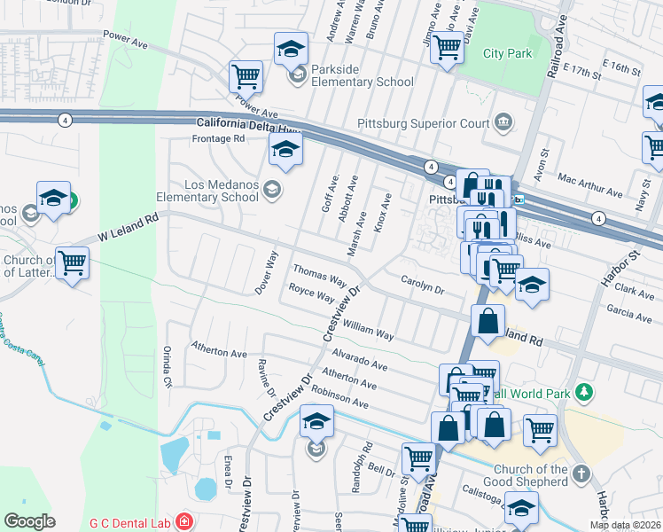map of restaurants, bars, coffee shops, grocery stores, and more near 204 West Leland Road in Pittsburg