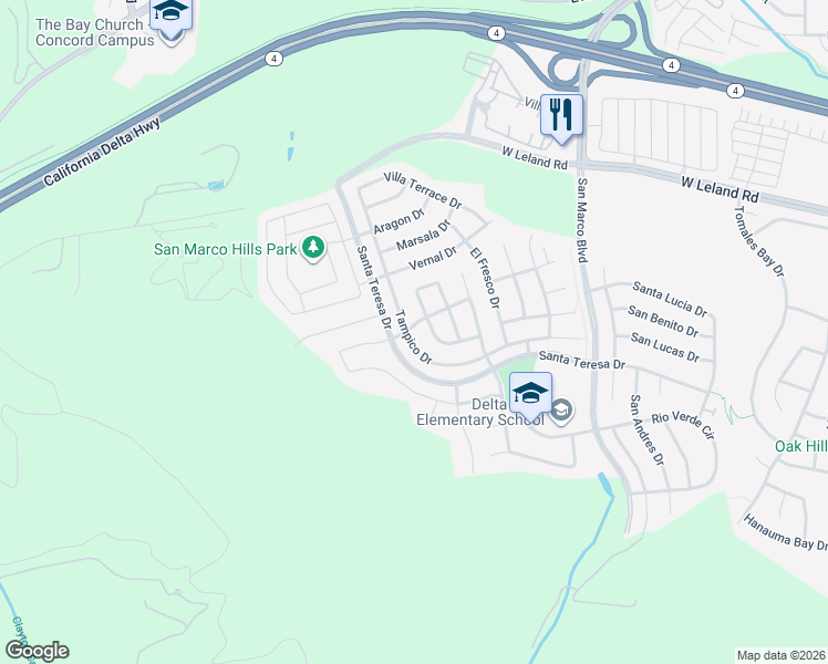 map of restaurants, bars, coffee shops, grocery stores, and more near 2605 Tampico Drive in Pittsburg