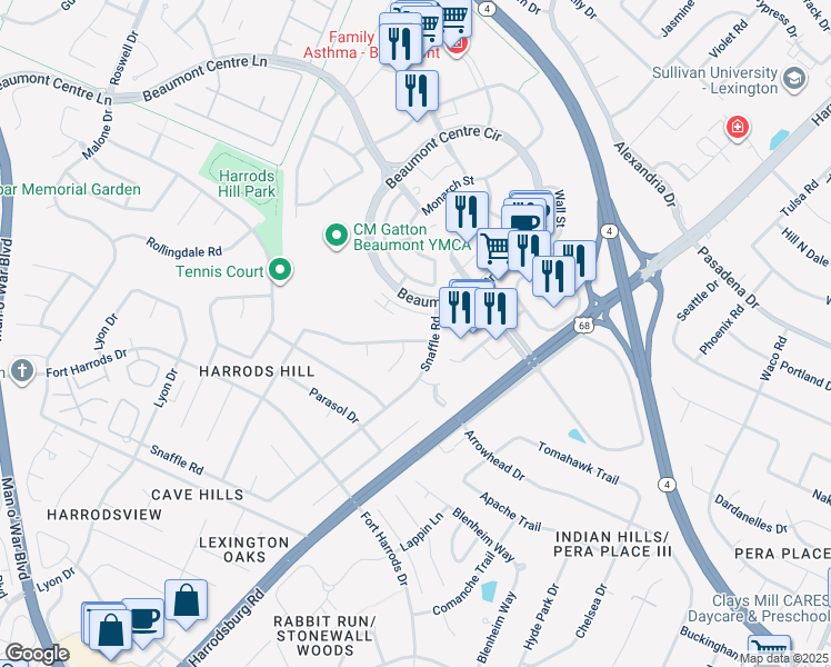 map of restaurants, bars, coffee shops, grocery stores, and more near 3209 Mantilla Drive in Lexington
