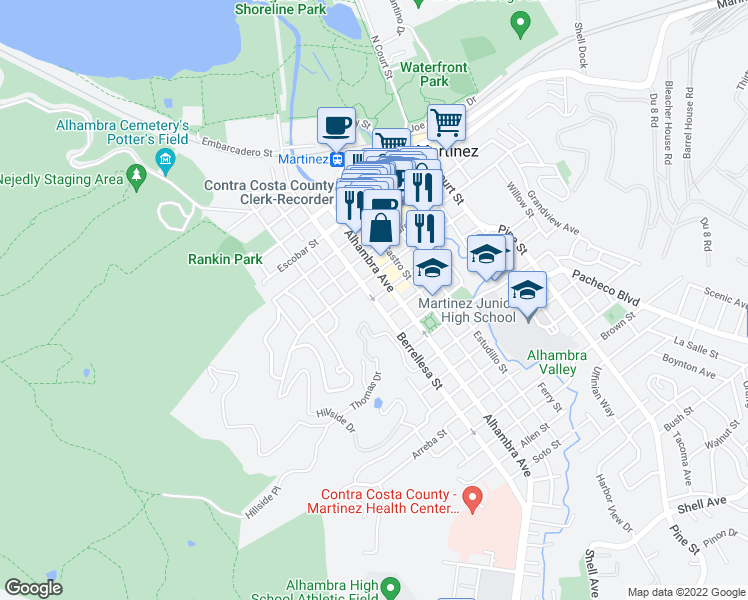 map of restaurants, bars, coffee shops, grocery stores, and more near Berrellessa Street & Masonic Street in Martinez