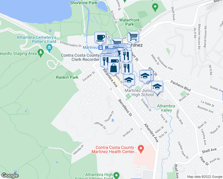 map of restaurants, bars, coffee shops, grocery stores, and more near Berrellesa Street & Masonic Street in Martinez