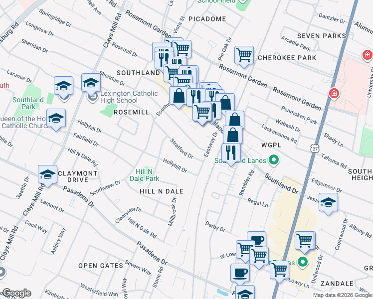 map of restaurants, bars, coffee shops, grocery stores, and more near 331 Stratford Dr in Lexington