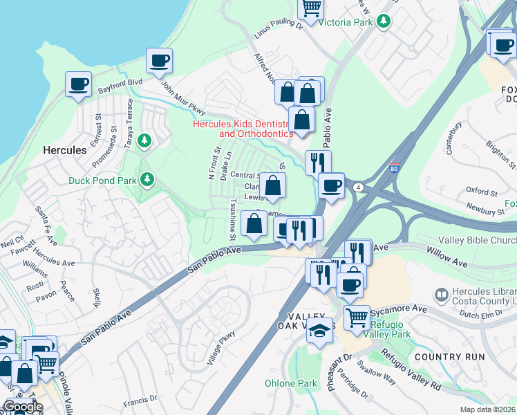 map of restaurants, bars, coffee shops, grocery stores, and more near 2078 Lewis Street in Hercules