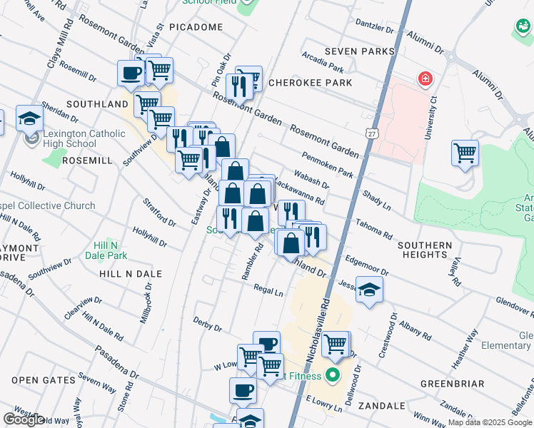 map of restaurants, bars, coffee shops, grocery stores, and more near 240 Plaza Drive in Lexington