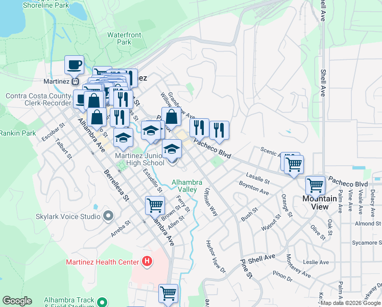map of restaurants, bars, coffee shops, grocery stores, and more near 1515 Pine Street in Martinez