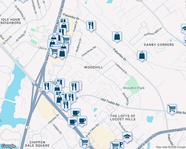 map of restaurants, bars, coffee shops, grocery stores, and more near 2490 Woodhill Drive in Lexington