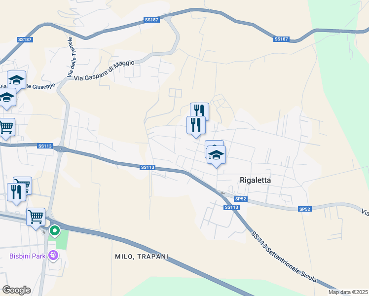 map of restaurants, bars, coffee shops, grocery stores, and more near 14 Via dei Lillà in Rigaletta