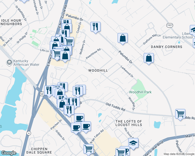 map of restaurants, bars, coffee shops, grocery stores, and more near 2490 Woodhill Drive in Lexington