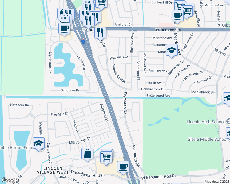 map of restaurants, bars, coffee shops, grocery stores, and more near 3124 Kelley Court in Stockton