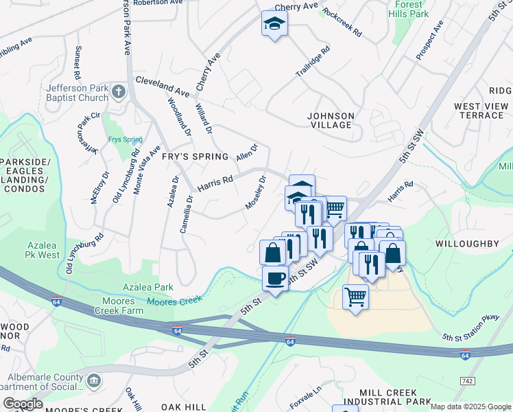 map of restaurants, bars, coffee shops, grocery stores, and more near 514 Moseley Drive in Charlottesville