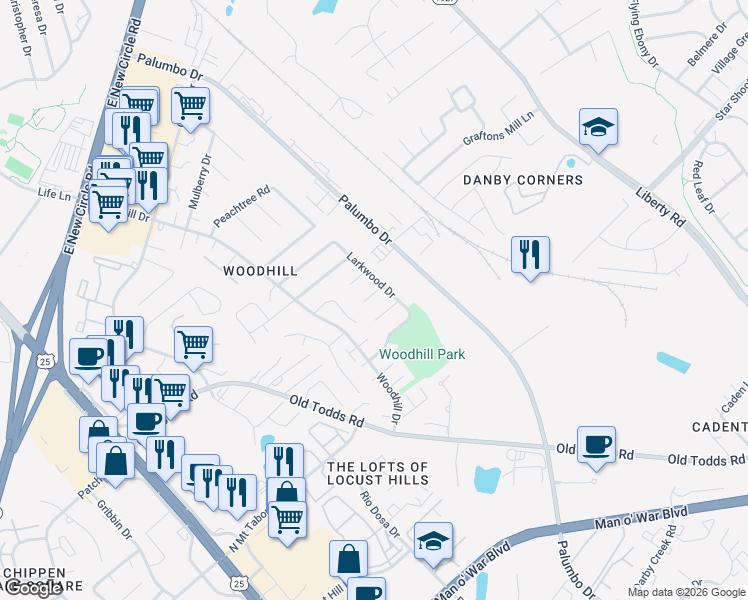 map of restaurants, bars, coffee shops, grocery stores, and more near 390 Woodston Court in Lexington