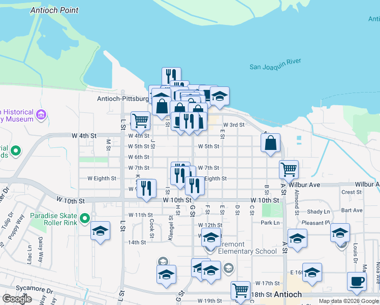 map of restaurants, bars, coffee shops, grocery stores, and more near 511 West 5th Street in Antioch