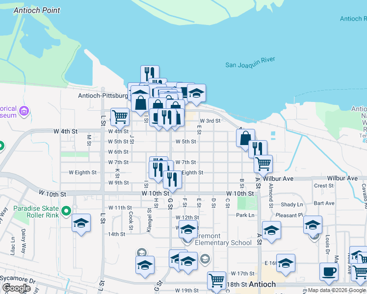 map of restaurants, bars, coffee shops, grocery stores, and more near in Antioch